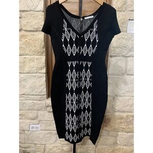 Gina Bacconi Women’s Knit Dress Cap Sleeve V Neck Black And White Body Con M